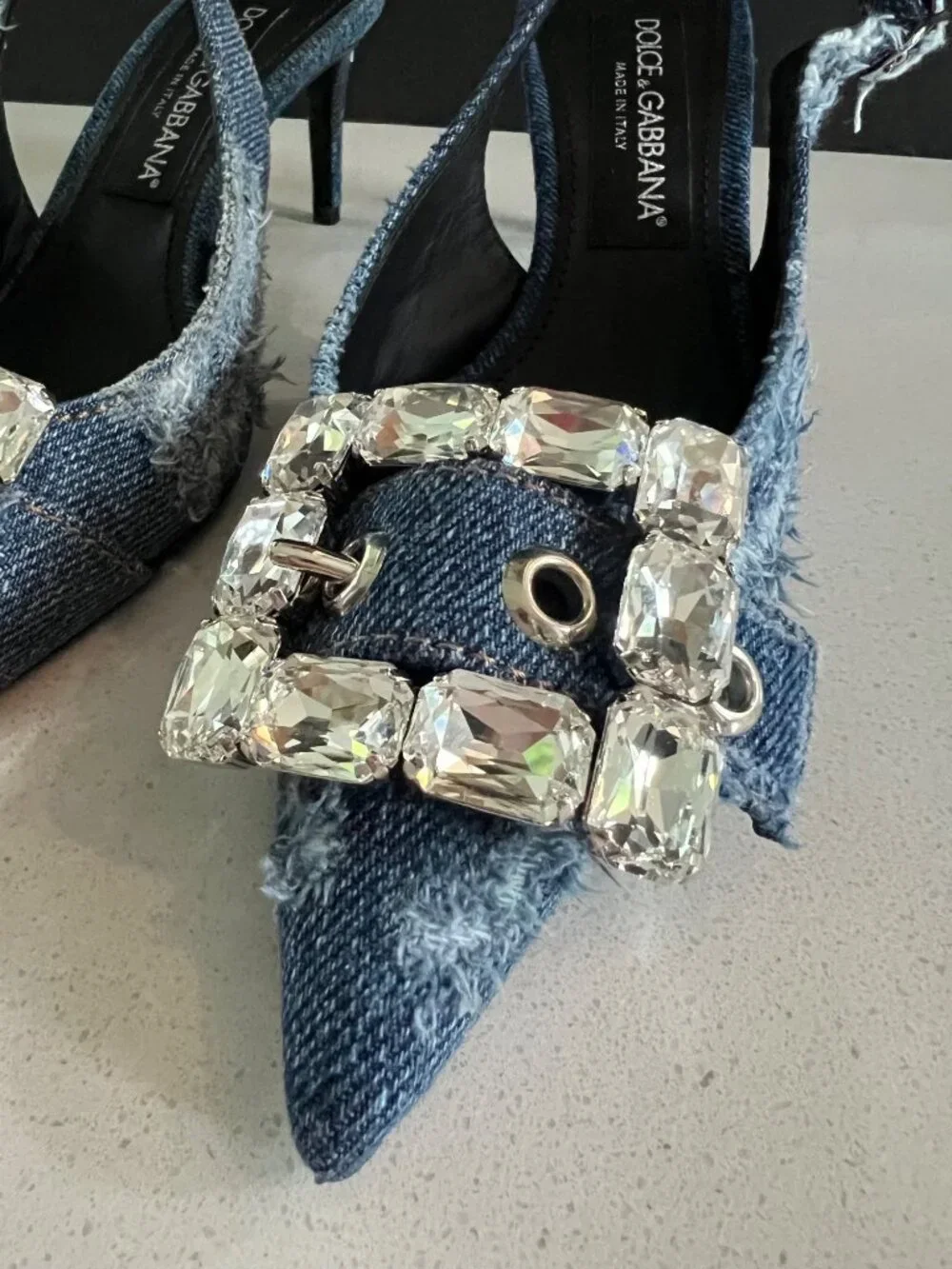 DOLCE & GABBANA Devotion Crystal Buckle denim Slingback Pumps heels size 37